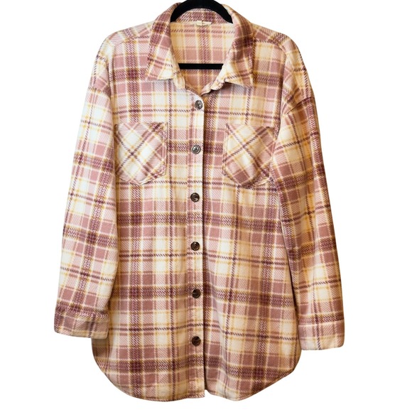 Maurices Plaid Flannel Shirt Jacket Oversized Long Sleeve Womens XL Pink Cream - Picture 2 of 8